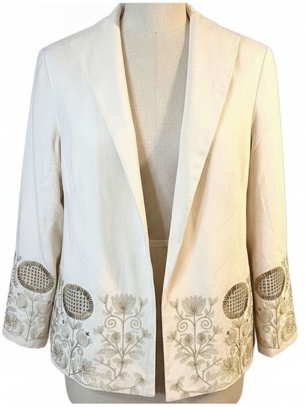 Plus Size 1X Ivory Silk Linen Gold Floral Embroidered Open Blazer Peck & Peck